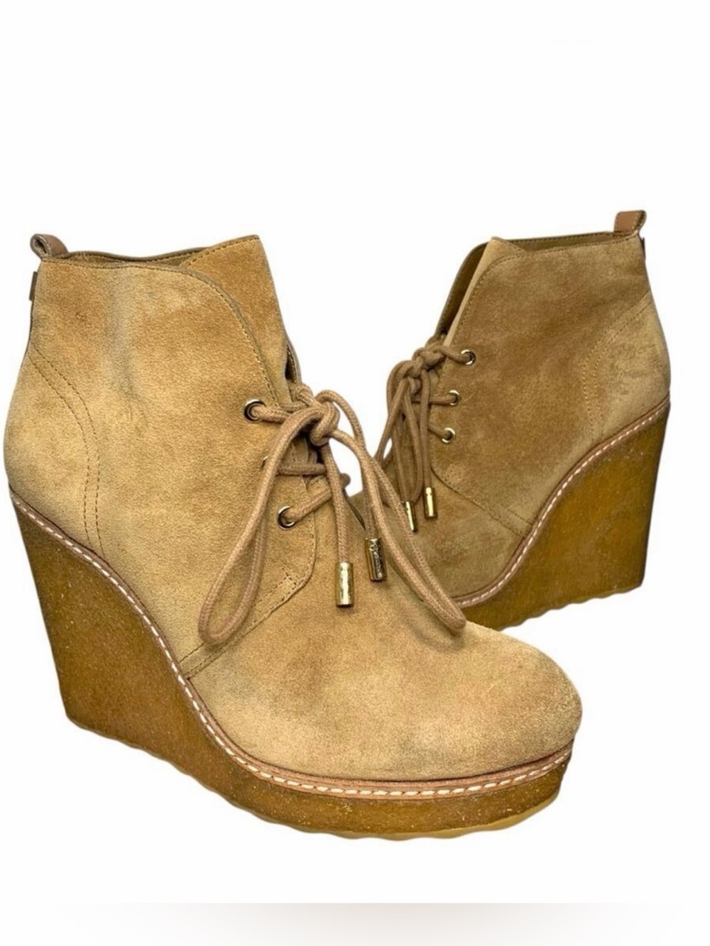 Tory Burch Denise Suede Wedge Booties - Tan / Camel - Size 7.5
